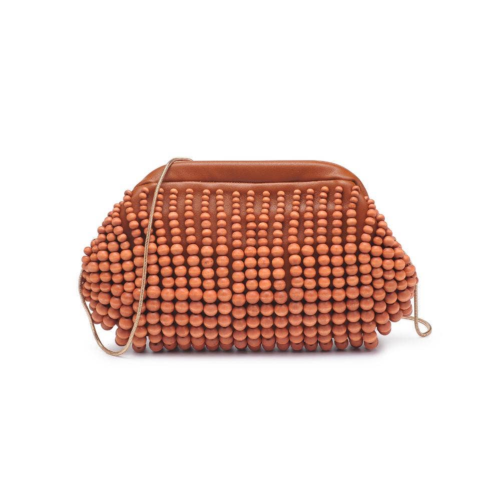The Pearl Pagoda Lydia teak beaded clutch with a gold detachable chain strap, crafted from composite wood.