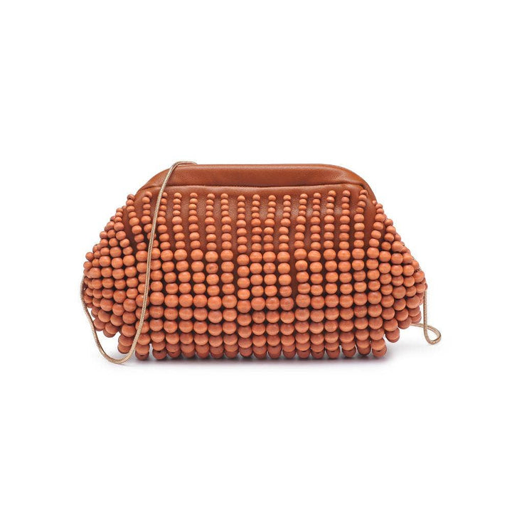The Pearl Pagoda Lydia teak beaded clutch with a gold detachable chain strap, crafted from composite wood.