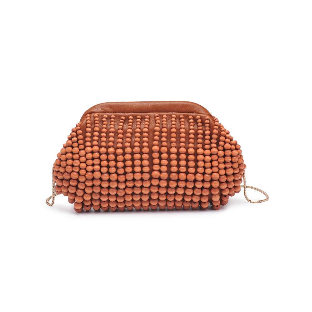 The Pearl Pagoda Lydia teak wood beaded clutch with a gold detachable chain strap on a white background