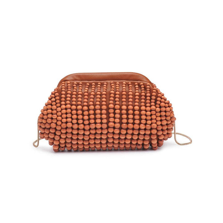 The Pearl Pagoda Lydia teak wood beaded clutch with a gold detachable chain strap on a white background