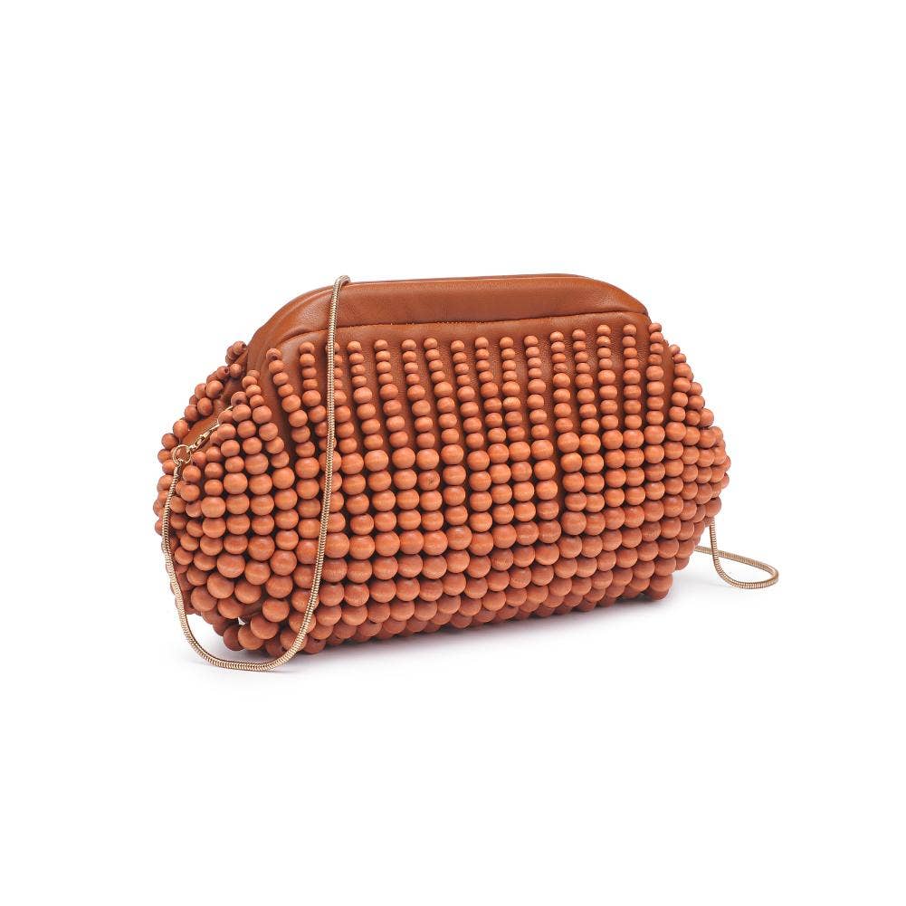 The Pearl Pagoda Lydia teak beaded clutch with a detachable gold chain strap, crafted from composite wood.