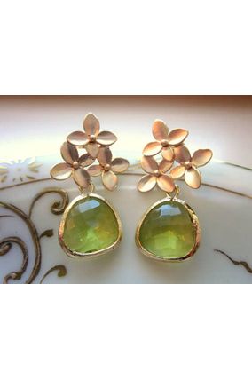Peridot Apple Green Gold Cherry Blossom Earrings